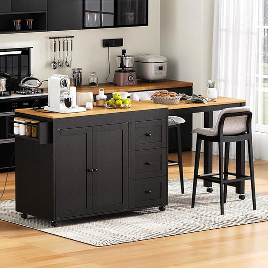 GOWE K&K 74.8" Kitchen Island with Extendable Dining Table, Kitchen Storage Cart with 3 Drawers, Power Outlet, Rolling Kitchen Island on Wheels with Spice Rack and 2 Door Cabinet, for Kitchen, Black