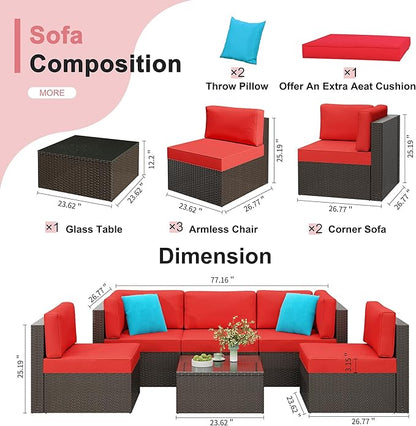 Shintenchi 6 Pieces Patio Furniture Sets Outdoor All-Weather Sectional Patio Sofa Set PE Rattan Manual Weaving Wicker Patio Conversation Set with Glass Table&Ottoman Cushion and Red Pillows, Red