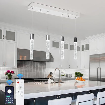 4 Light Pendant Lights Kitchen Island, Modern Chrome Crystal Pendants with Dimmable 3000K-6000K LED Ceiling Hanging Light Fixture for Dining Room Bedroom, Adjustable Height 59"