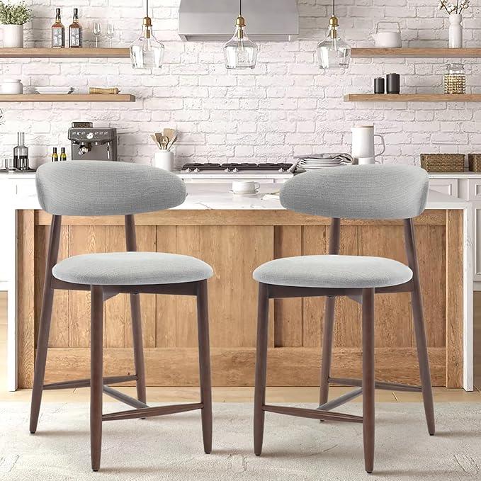 COLAMY Wood Bar Stools Set of 2, Counter Height Bar Stools, Mid Century Modern Stools with Back, 25 Inch Upholstered Wooden for Kitchen Island Dining Room Bar, Light Grey