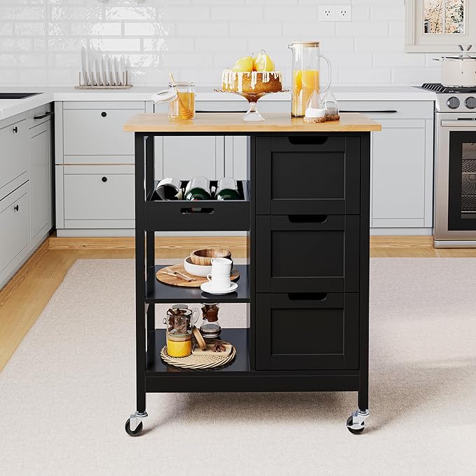 DWVO Solid Wood Top Rolling Kitchen Island Cart, 3 Tier Mobile Kitchen Storage Island Cart with 3 Drawers and 3 Opening Storage Shelves for Kitchen & Dining Area, Black