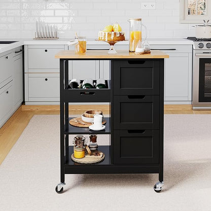 DWVO Solid Wood Top Rolling Kitchen Island Cart, 3 Tier Mobile Kitchen Storage Island Cart with 3 Drawers and 3 Opening Storage Shelves for Kitchen & Dining Area, Black