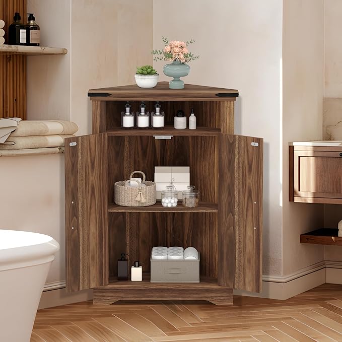 GarveeHome Corner Bathroom Cabinet, Small Corner Cabinet with Barn Doors & Adjustable Shelf, Farmhouse Bathroom Table with Storage for Small Spaces, Kitchen, Living Room, Brown