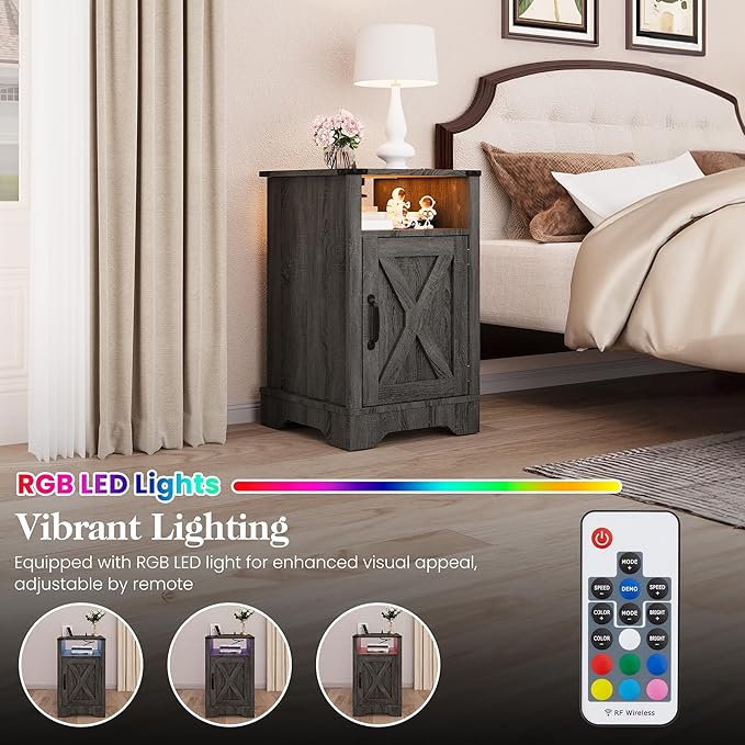 RoyalCraft 25" Tall LED Nightstand with Charging Station, Farmhouse Nightstand with Led Lights, Wooden Rustic Side Table for Bedroom, Dark Grey End Table with Storage
