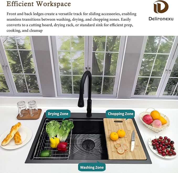 33x19 Black Kitchen Sink Drop In - 33 Inch Drop In Kitchen Sink Workstation, Black Stainless Steel Sinks, 16 Gauge Single Bowl Top Mount Workstation Sinks by Delironexu with 6 Accessories