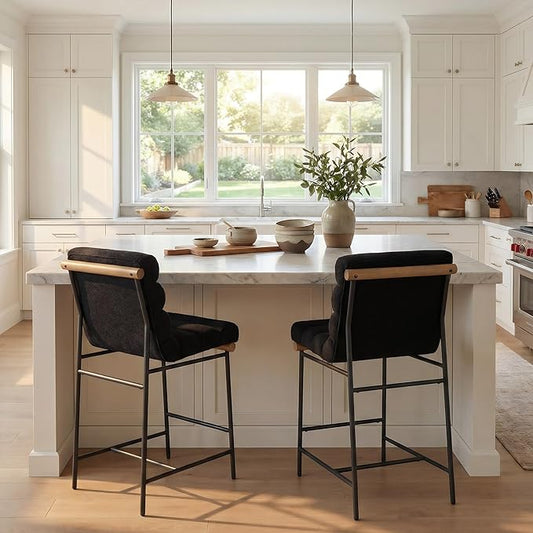 Black Linen Bar stools Set of 2, 25” Modern Upholstered Counter Stools with Black Metal Legs, Armless Counter Height Barstools with Channel Tufted Back for Kitchen Island Home Pub