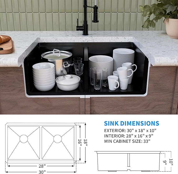 30 Inch Black Sink Undermount Double Bowl, 16 Gauge 50/50 Double Bowl Stainless Steel Workstation Sink, 30"x18"x10" Large and Deep Kitchen Sink With Accessories