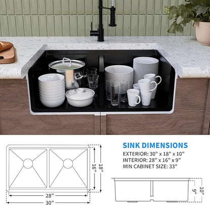 30 Inch Black Sink Undermount Double Bowl, 16 Gauge 50/50 Double Bowl Stainless Steel Workstation Sink, 30"x18"x10" Large and Deep Kitchen Sink With Accessories