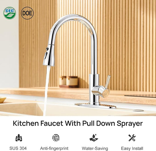 GAGALIFE Chrome Kitchen Faucets with Pull Down Sprayer - High Pressure Blade Spray Kitchen Sink Faucet, High Arc Single Handle Stainless Steel Classic Pull Out Spray Kitchen Faucet 1 or 3 Hole