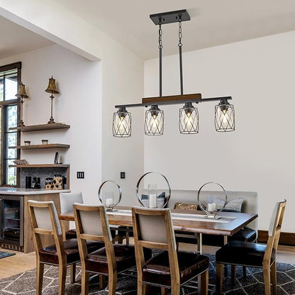 4-Light Dining Room Light Fixture/Chandelier Over Table, Island Lighting Hanging for Farmhouse Linear Chandeliers Matte Black Rustic Wood Ceiling Pendant Light Fixtures, with Clear Glass Shade
