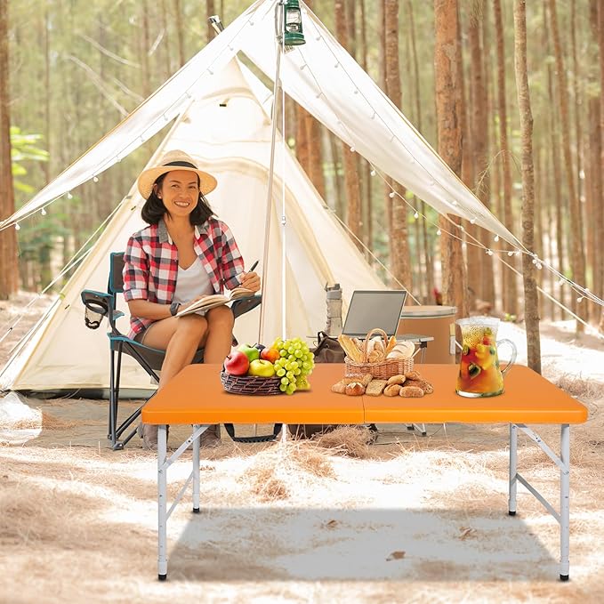 4 FT Folding Table with Carry Handle, Portable Fold-in-Half Plastic Table, Rectangle Foldable Table for Indoor/Outdoor Orange
