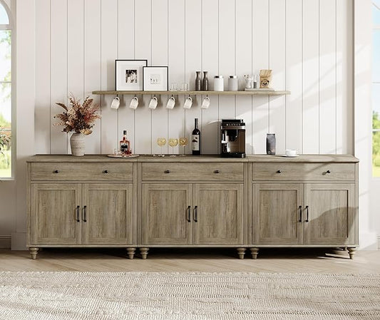WAMAPT Buffet Cabinet with 6 Doors and 4 Drawers, Large Coffee Bar Table Wood Kitchen Storage Cabinets with Storage Cabinets, Modern Farmhouse Sideboard Credenza for Dining Room, Wash Grey, 101 inch
