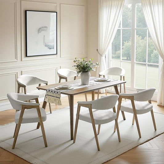 HULALA HOME Dining Chairs with Arm Set of 6, Mid-Century Modern Upholstered Kitchen Dining Room Chair with Solid Wood Legs & Curved Backtrst, Armchairs Accent Chairs for Living Room - Ivory