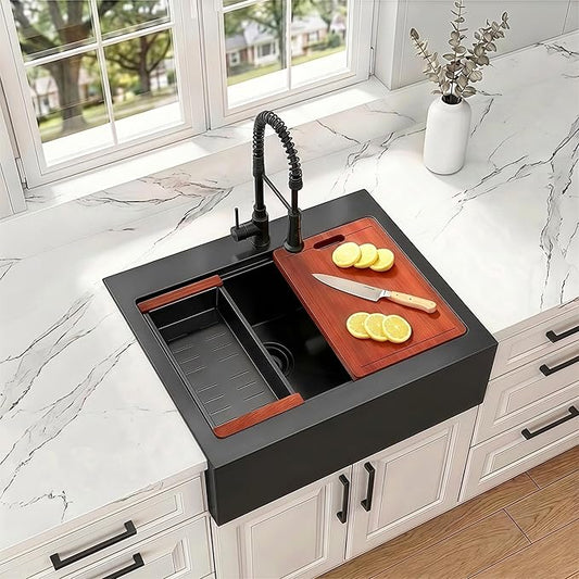 30 Inch Farmhouse Black Sink, 16 Gauge 304 Stainless Steel Farm Sinks, Drop In Topmount Single Bowl Workstation Sink with all Accessories, 30" x 22" x 10" Deep Kitchen Sink