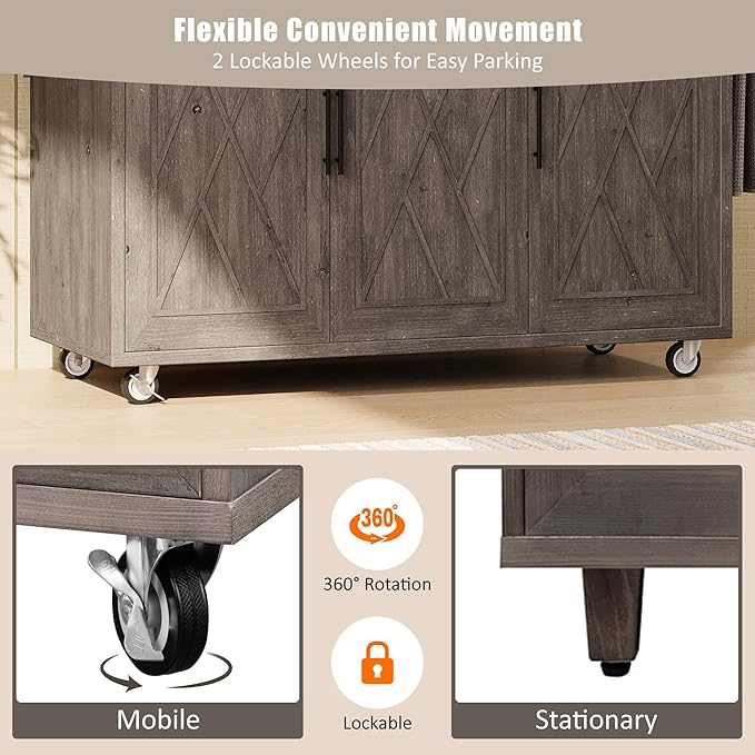 51.2"W Geometric Twill Stripe Textured Design Island with Drop Leaf, Farmhouse Kitchen Cart on Wheels with Internal Storage Rack, Rolling Kitchen Cart with Towel Rack (Brown@044)