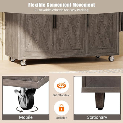 51.2"W Geometric Twill Stripe Textured Design Island with Drop Leaf, Farmhouse Kitchen Cart on Wheels with Internal Storage Rack, Rolling Kitchen Cart with Towel Rack (Brown@044)