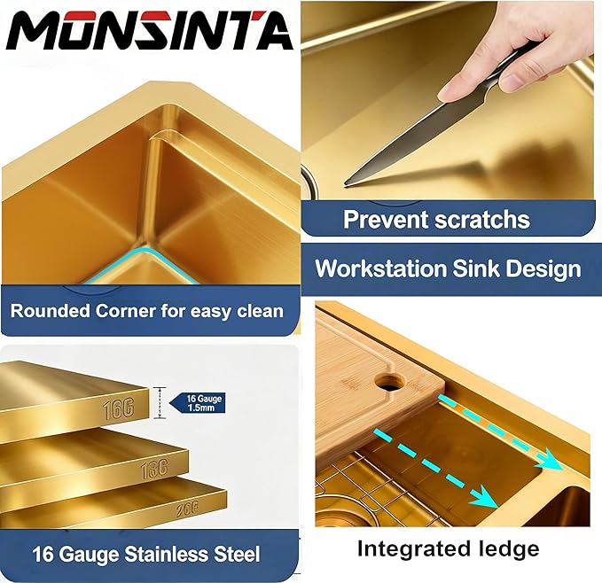 Gold Farmhouse Kitchen Sink, 16 Gauge SUS304 Stainless Steel Farm Sinks, All In One Workstation Sink with Ledge & Accessories, 33" x 20" x 10" Large and Deep Gold Undermount Kitchen Sink