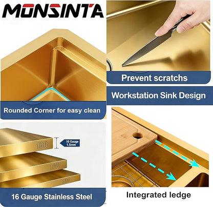 Gold Farmhouse Kitchen Sink, 16 Gauge SUS304 Stainless Steel Farm Sinks, All In One Workstation Sink with Ledge & Accessories, 33" x 20" x 10" Large and Deep Gold Undermount Kitchen Sink