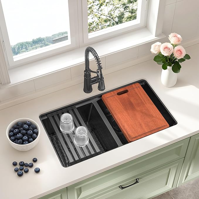 31 Inch Black Sink Undermount Double Bowl, 16 Gauge 50/50 Double Bowl Stainless Steel Workstation Sink, 31"x18"x9" Large and Deep Kitchen Sink With Accessories