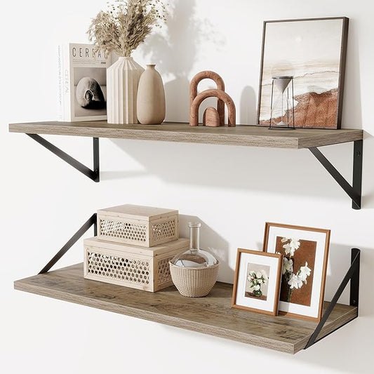 Acovy Deep Floating Shelves for Wall,30" Wx10 D Wood Floating Shelf Set of 2,Sturdy Metal Bracket Wide Display & Storage,Wall Mounted Hanging Floating Shelves for Living Room,Bedroom,Kitchen,Grey