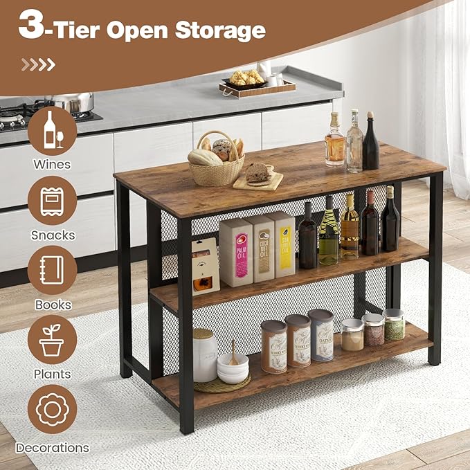 COSTWAY Home Bar Unit, 3-Tier Bar Table with Storage Shelves, Metal Frame, Adjustable Foot Pads, Breakfast Corner Bar Cabinet for Kitchen Island Dining Room (Rustic Brown)