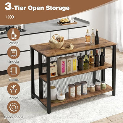 COSTWAY Home Bar Unit, 3-Tier Bar Table with Storage Shelves, Metal Frame, Adjustable Foot Pads, Breakfast Corner Bar Cabinet for Kitchen Island Dining Room (Rustic Brown)