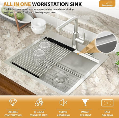 Mocoloo 21 Inch Bar Sink with Faucet, 16 Gauge Drop in Workstation Sink - 21x20x9" Stainless Steel Single Bowl Small Kitchen Sink with Pull-Out Faucet