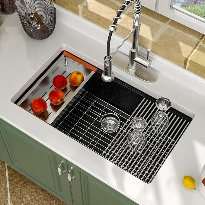 Logmey 33 Inch Granite Composite Kitchen Sink 33x19 Black Undermount Sink Ledge Single Bowl Under Counter Deep Workstation Kitchen Sinks,33x19x9 Inch