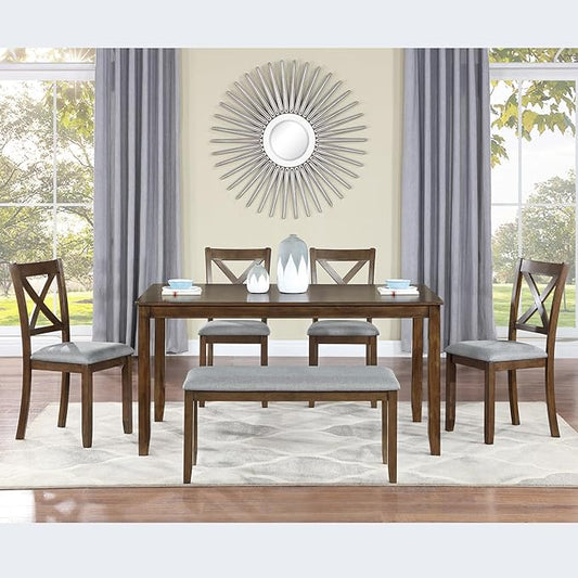 6-Piece Kitchen Dining Set, Rectangular Wooden Dining Table with 4 Upholstered Chairs and 1 Bench, Modern Dining Table Set for 6 People for Dining Room, Home Bar and Kitchen, Walnut