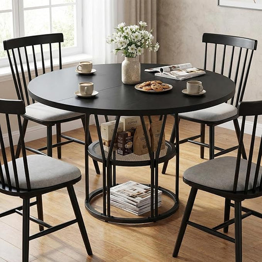Garvee Round Dinning Table for 4-6 - 47" Circle Dinner Table with Storage Shelf & Sturdy Metal Frame, Modern Breakfast Tea Desk for Kitchen, Living Room, Apartment, Office, Black