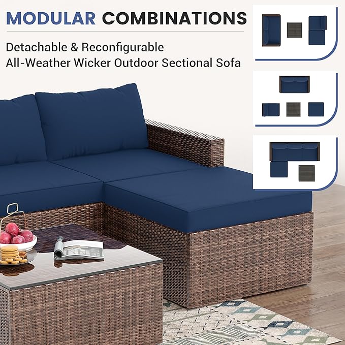 UDPATIO 5 Piece Patio Furniture Set, All-Weather Wicker Outdoor Sectional Sofa,Rattan L Shaped Outdoor Conversation Patio Sectional with Ottoman, Glass Table for Balcony Porch Backyard,Navy Blue