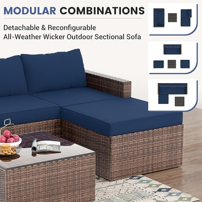 UDPATIO 5 Piece Patio Furniture Set, All-Weather Wicker Outdoor Sectional Sofa,Rattan L Shaped Outdoor Conversation Patio Sectional with Ottoman, Glass Table for Balcony Porch Backyard,Navy Blue