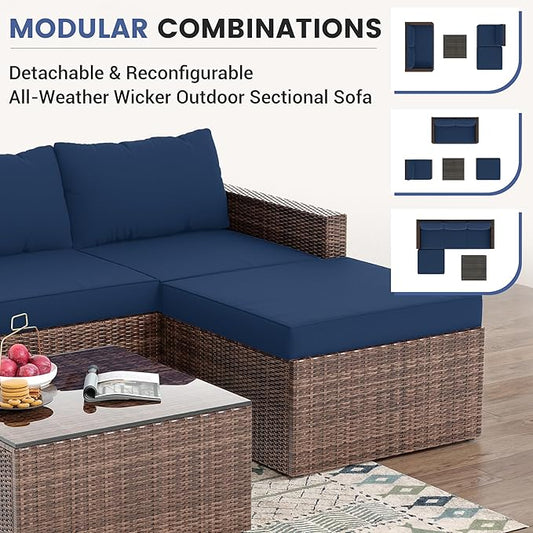 UDPATIO 5 Piece Patio Furniture Set, All-Weather Wicker Outdoor Sectional Sofa,Rattan L Shaped Outdoor Conversation Patio Sectional with Ottoman, Glass Table for Balcony Porch Backyard,Navy Blue