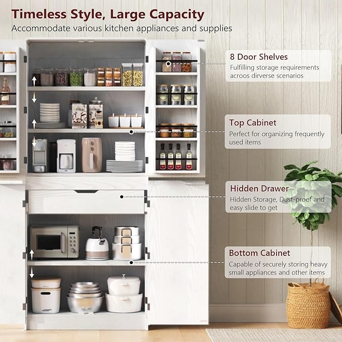 Amposei 72’’ Tall Kitchen Pantry Cabinet with Drawer & Adjustable Shelves, Modern Cupboard Storage Cabinet for Living Utility Room, White