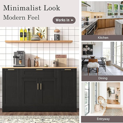 Multi-Functional Storage Sideboard, Extendable Dining Table, Adjustable Shelves, 3-Tier Pull-Out Rack, Kitchen Island Storage for Kitchen, Dining Room, Living Room, Black