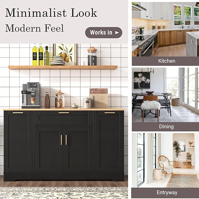Multi-Functional Kitchen Island Storage Cabinet with 3-Tier Pull-Out Rack with Guardrails, Modern Buffet Sideboard with Adjustable Shelves, Storage Piece for Living Room or Entryway (Black)