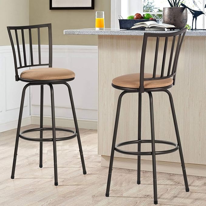 VECELO Bar Stools Adjustable Height Set of 2, 24/29" Barstool Swivel Counter Stool with Upholstered Seat and Footrest,Steel Bistro Pub Chairs, Island,Bar,Straight Line Backrest