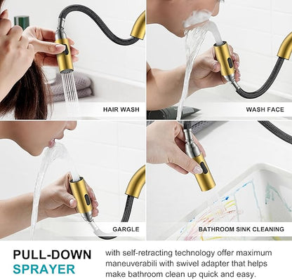 KENES Brushed Gold Centerset Bathroom Faucet with Pull Out Sprayer, 4 Inch 2 Handle Pull Down Bathroom Faucet 3 Hole, Bathroom Sink Faucet with Pop Up Drain & Supply Lines LJ-9069-4
