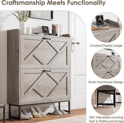 Nicetree Shoe Storage Cabinet with 2 Flip Drawers, Freestanding Shoe Organizer, Shoe Cabinet with Metal Legs, Narrow Shoe Rack Cabinet, Farmhouse Slim Shoe Cabinet for Entryway, Hallway, Rustic Gray