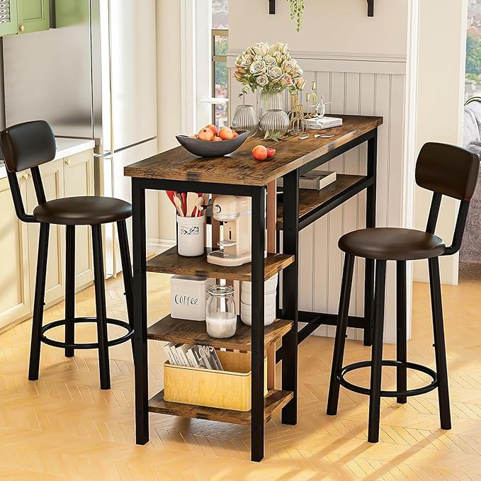 Recaceik 47" Bar Dining Table Set for 2, 3 Piece Bar Table and Chairs Set, Kitchen Counter Height Dining Table Set, Small Kitchen Bar Table with Storage & 2 Stools, Breakfast Nook Set for Small Space