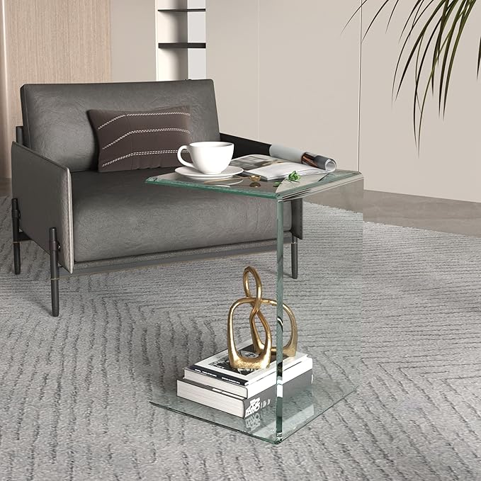 Tempered Glass End Table, Sofa Side Table Clear C-Shape Design for Living Room, Versatile Nightstand with Smooth Edges (C-Shape end Table)