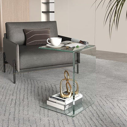 Tempered Glass End Table, Sofa Side Table Clear C-Shape Design for Living Room, Versatile Nightstand with Smooth Edges (C-Shape end Table)