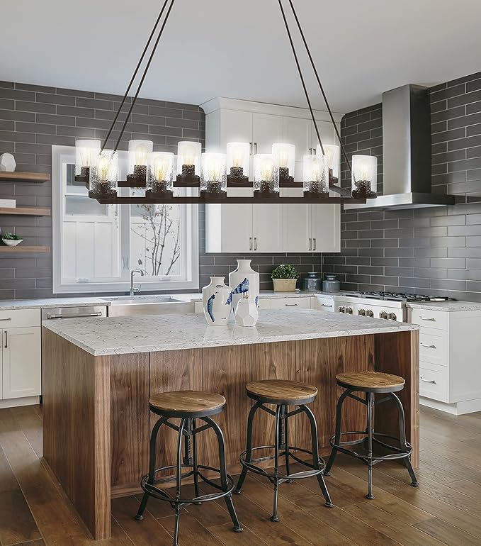 JONATHAN Y 45.5" Oil Rubbed Bronze 12-Light Rustic Farmhouse LED Chandelier, Round Metal Wagon Wheel Pendant Lighting for Dining Room Kitchen with Seeded Glass Shade (JYL7555A)