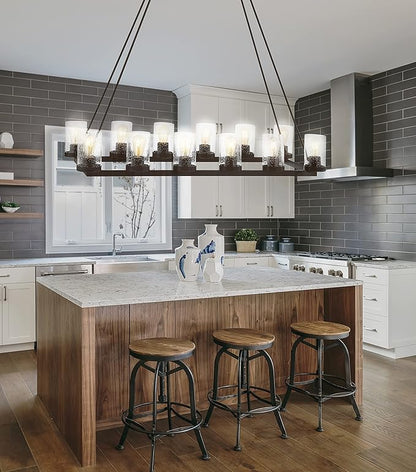 JONATHAN Y 45.5" Oil Rubbed Bronze 12-Light Rustic Farmhouse LED Chandelier, Round Metal Wagon Wheel Pendant Lighting for Dining Room Kitchen with Seeded Glass Shade (JYL7555A)