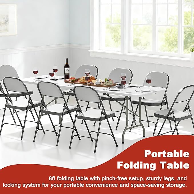 Elevon Folding Table Set of 2,8 Feet Heavy Duty Fold-in-Half Utility Table Indoor Outdoor for Camping,Picnic, Party