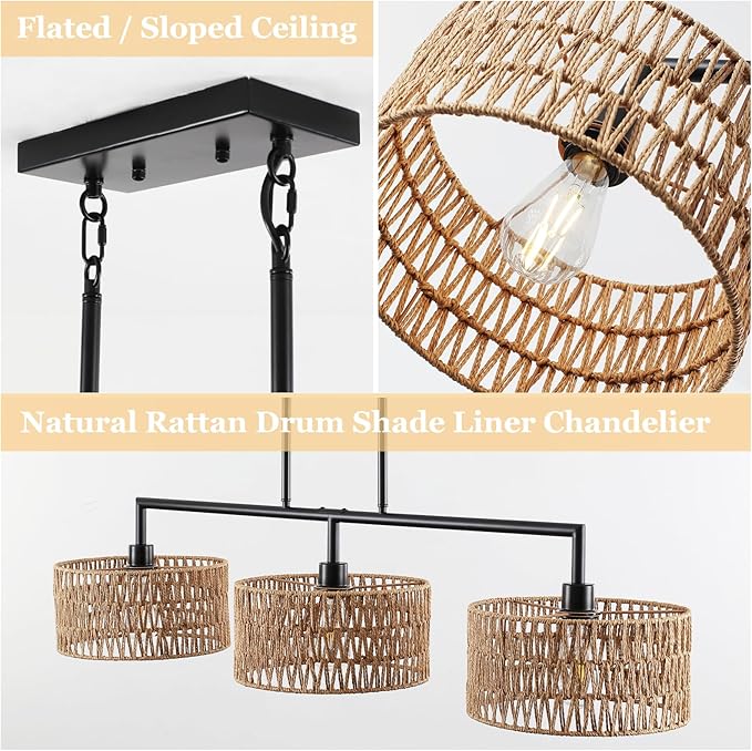 47" Hand Woven Rattan Chandeliers for Dining Room, 3-light Boho Linear Chandeliers Large Farmhouse Kitchen Island Lighting, Black Finish Pendant Light Fixtures Over Table, Bar, Living Room,E26