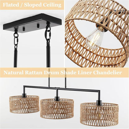 47" Hand Woven Rattan Chandeliers for Dining Room, 3-light Boho Linear Chandeliers Large Farmhouse Kitchen Island Lighting, Black Finish Pendant Light Fixtures Over Table, Bar, Living Room,E26