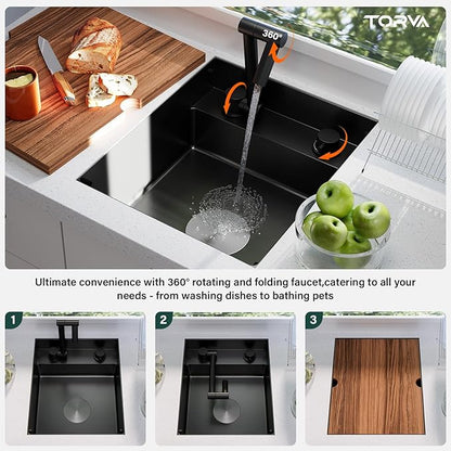 TORVA RV Kitchen Sink, 15 x 18 x 7 Inch Undermount Bar Sink 16 Gauge Stainless Steel Single Bowl Sink with Foldable Faucet Cutting Board, Dark Grey