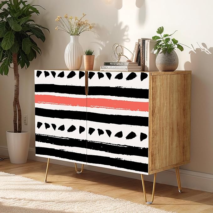 SIGNWIN Sideboard Buffet Cabinet, Kitchen Storage Cabinet with 2 Doors, Black & Red Geometric Line Patterns, Cupboard Console Table for Dining Room - 35" L x 18" W x 29" H