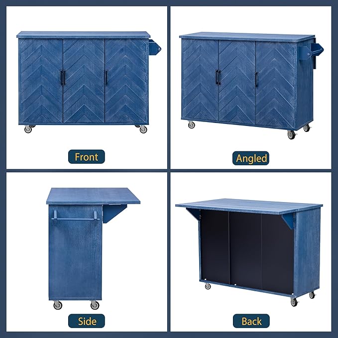 Navy Blue#015 51.2" W 3D Wave Stripes Ash Veneer Kitchen Island with Drop Leaf, Farmhouse Style on Wheels, Rolling Cart with Internal Storage Rack